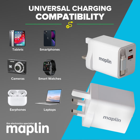 Maplin 65W 2-Port GaN Fast USB Wall Charger with USB-C PD, USB-A QC 3.0 & Retractable USB-C Cable