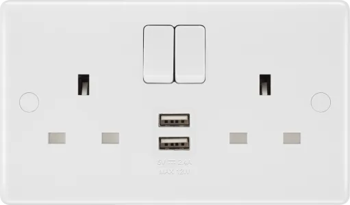 BG 822UAA12 Moulded Round Edge White 13A 2x USB A 12W 2 Gang 1 Pole Switched Socket