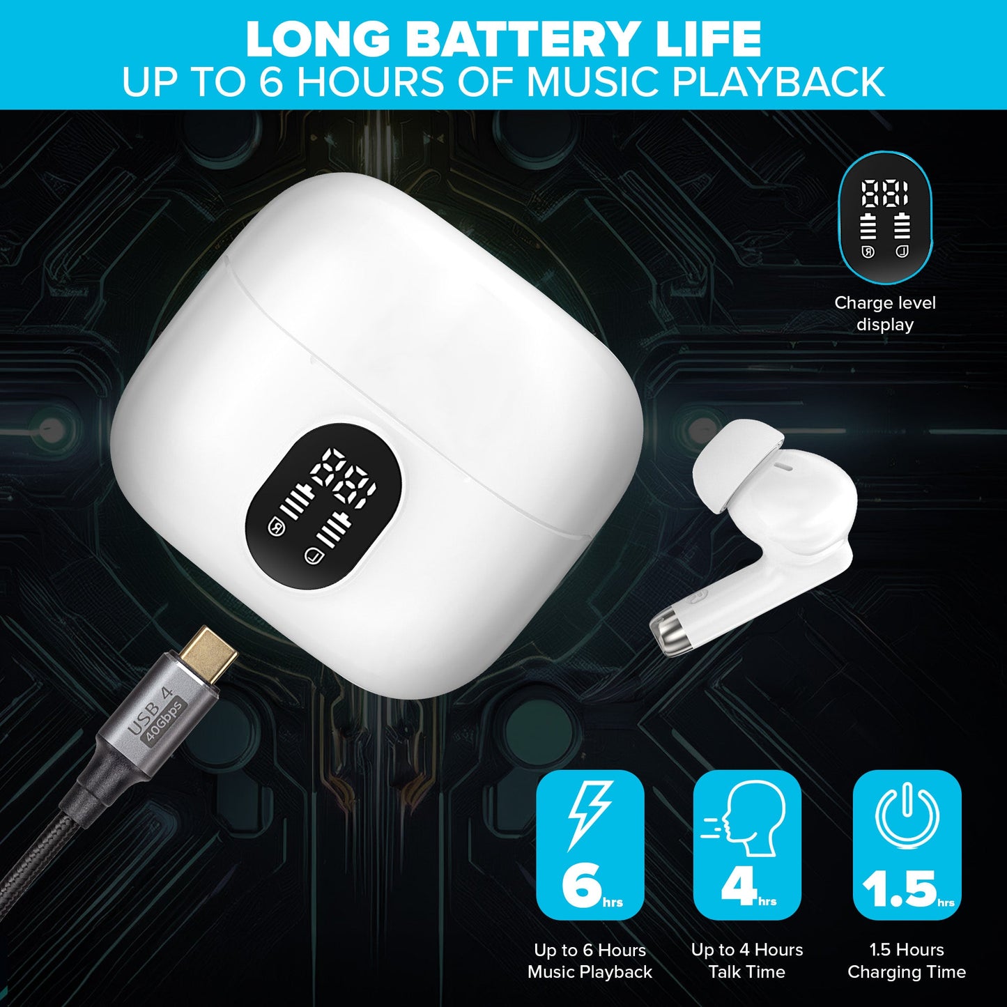 Maplin Wireless Bluetooth Soft Fit Earphones with USB-C Charging Case - White