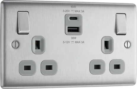 Double Socket +45WATT USB C + USB A Brushed Chrome Stainless Steel BG Grey Inserts 13A NBS22UAC45G