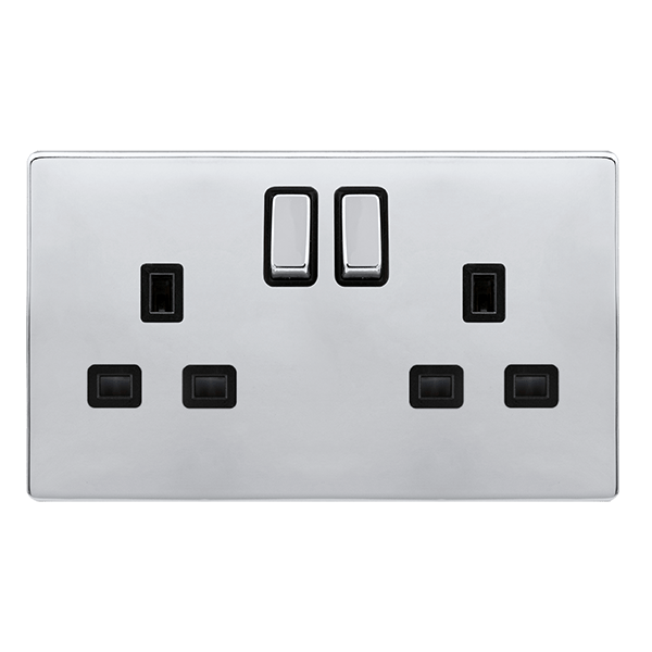 Click SFCH536BK Definity Complete Polished Chrome Screwless 2 Gang 13A 2 Pole Switched Double Socket - Black Insert