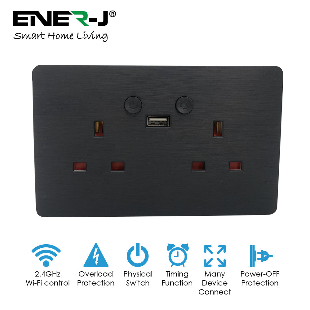 ENER-J Remote Control Wall Socket – Smart WiFi Double 13A Outlet with USB & Type-C, Alexa Compatible, Black Brushed UK Twin Socket