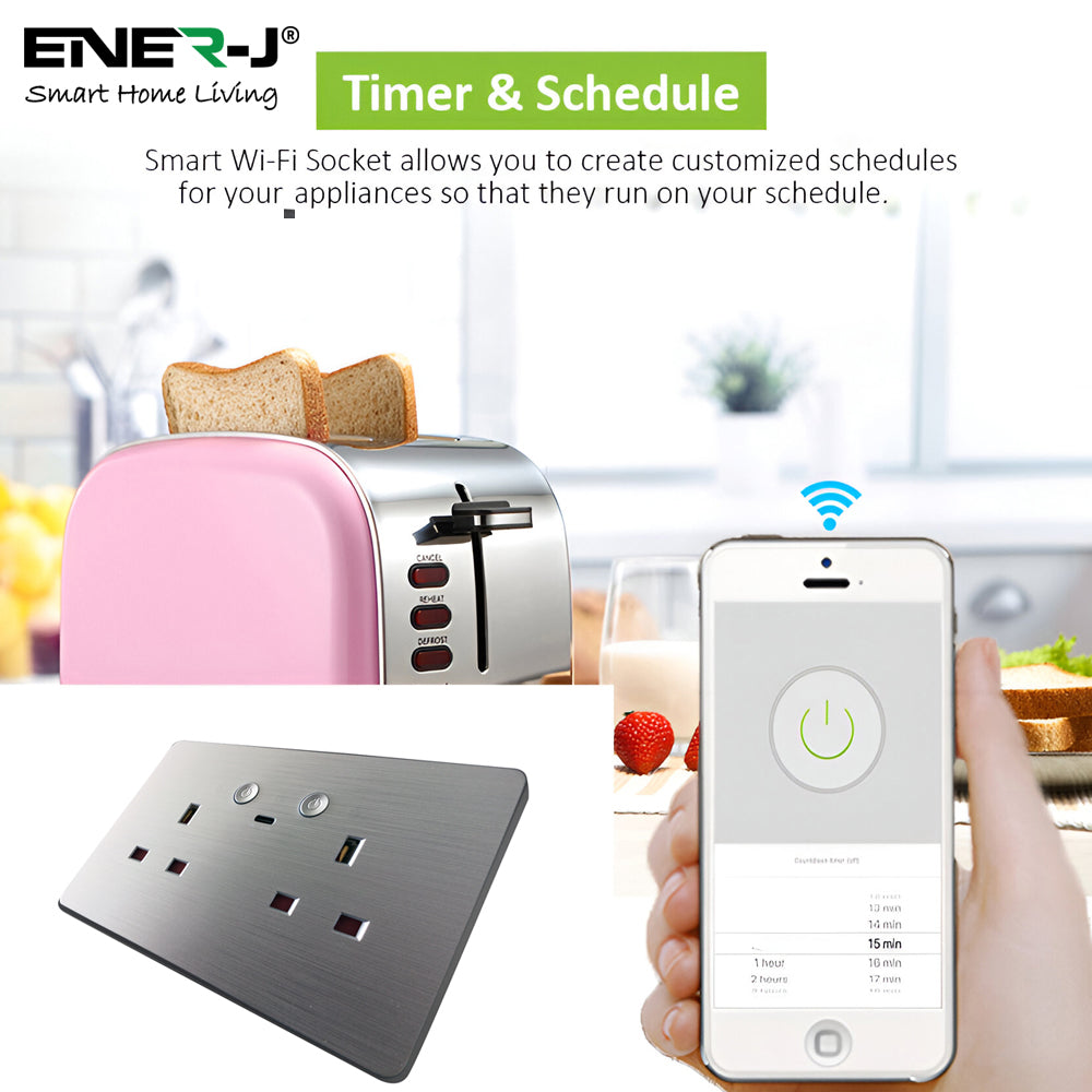ENER-J Remote Wall Socket – Smart USB Plug with Type-C, WiFi Double 13A Outlet, App & Voice Control, Silver Brushed UK Design