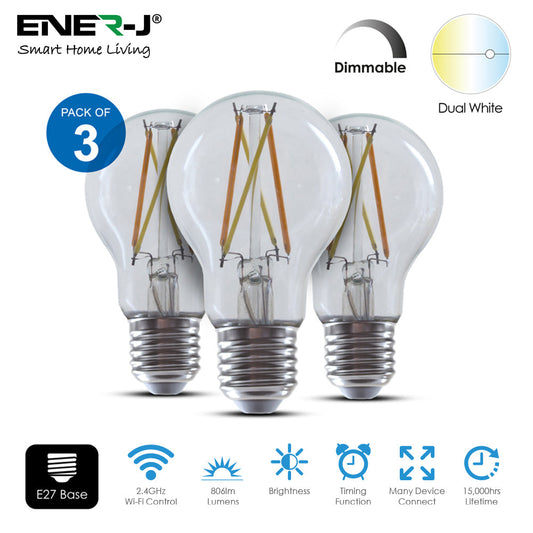 ENER-J Smart WiFi Filament Bulbs 3-Pack, 6.5W E27 LED, CCT Colour Changing, Dimmable, App & Voice Control | Pack of 3