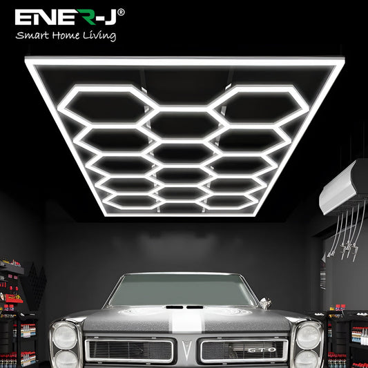 Ener-J 600W Hexagon LED Garage Ceiling Light, 14 Hexagon Frame Design, CCT Switchable 3000K–6000K, Commercial Showroom Lighting