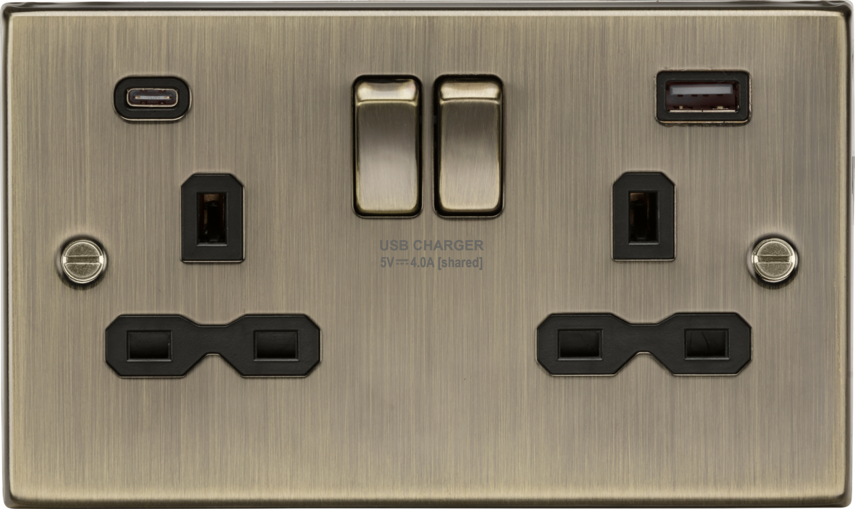 13A 2G SP Switched Socket with Dual USB A+C (5V DC 4.0A shared) - Antique Brass with Black Insert CS9940AB MLA