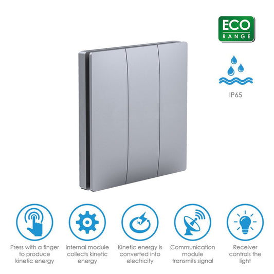 Wireless Kinetic 3 Gang Switch ECO SERIES (Silver body) with 3 Non Dimmable 5A RF Receivers. No Wiring, No Batteries, No Drilling Holes