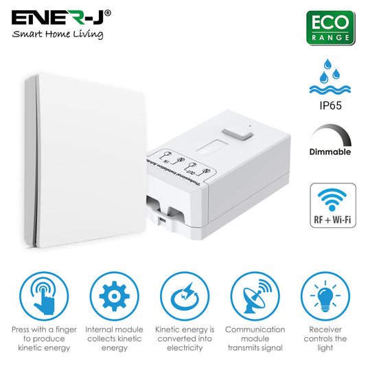 Ener-J 1-Gang Wireless Kinetic Switch & 100W WiFi Dimmable Receiver Kit, White, Battery-Free & Smart Dimming