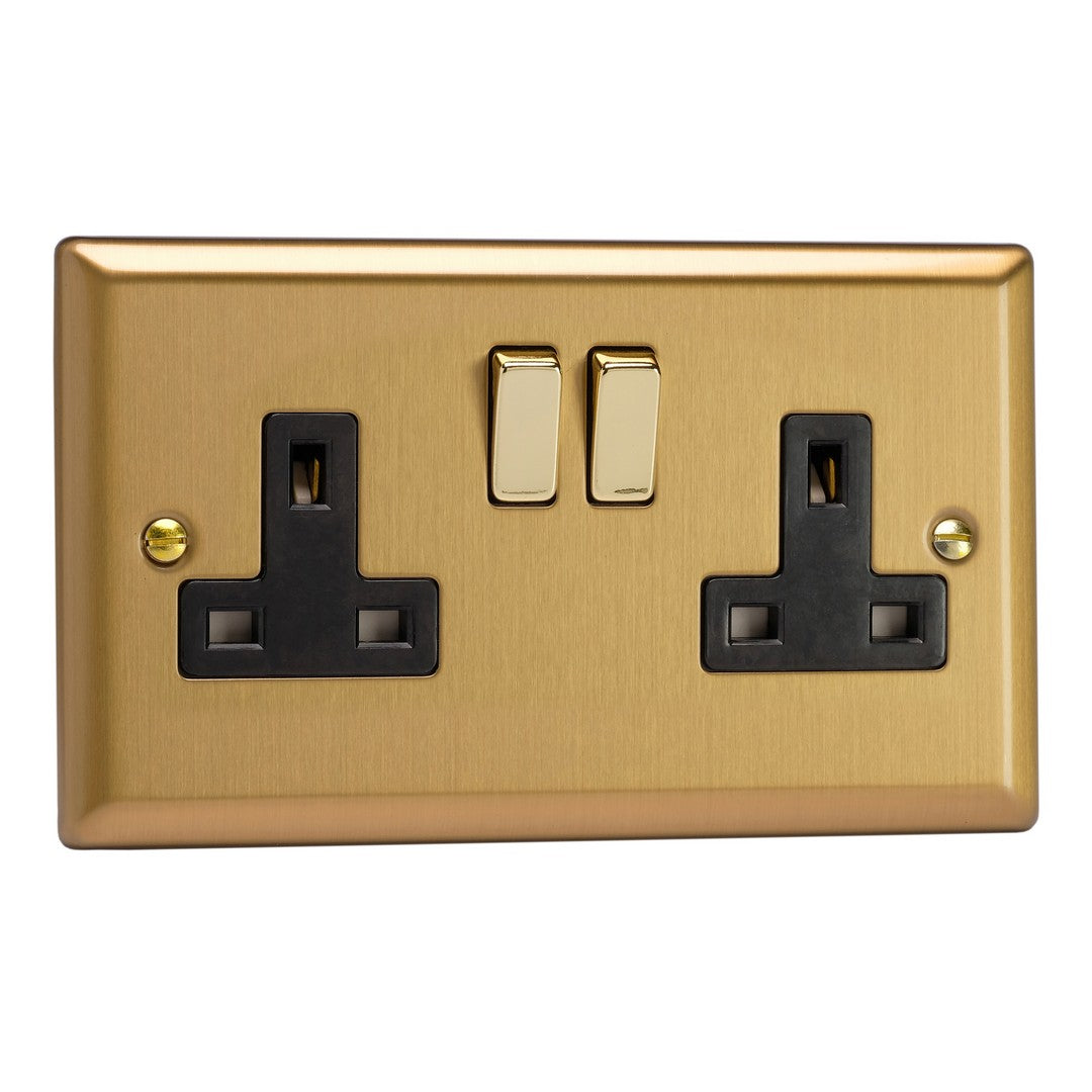 Varilight XB5DB Brushed Brass Double Socket Black Insert Decorative Rocker 13amp