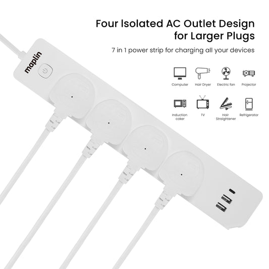 Maplin 1.8m 4 Socket 13 Amp Extension Lead with 2x USB-A / 1x USB-C Ports