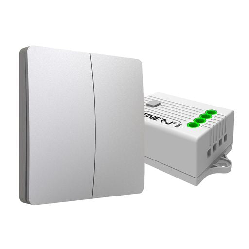 2 Gang Wireless Kinetic Switch, (Silver Finish) + 2 x 500W RF Receiver