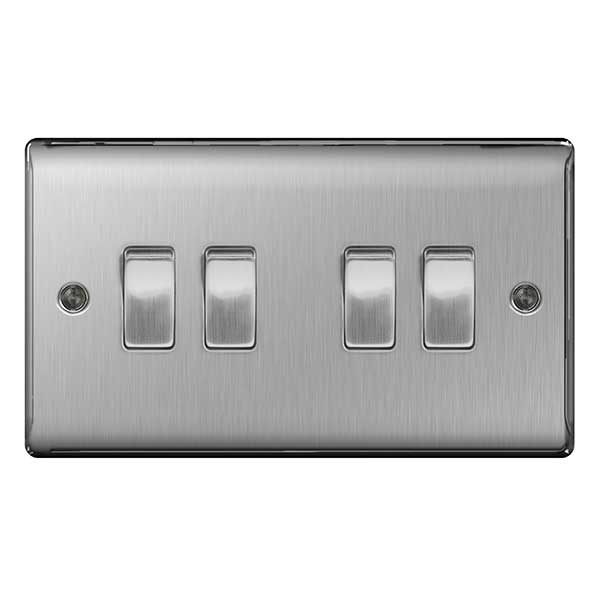 4Gang 2Way 10A Light Switch Brushed Steel Stainless Steel BG NBS44