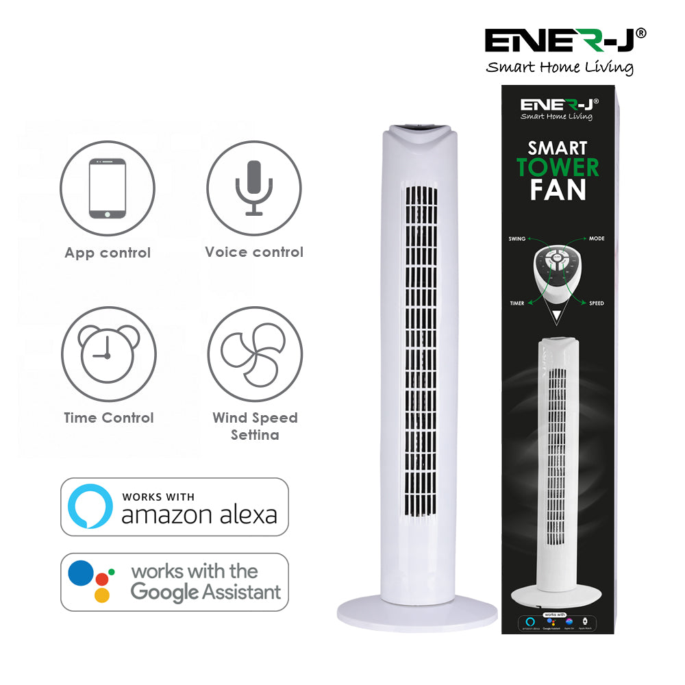 ENER-J 32" Smart Wi-Fi Tower Fan | App & Voice Control Compatible with Alexa & Google Home | White