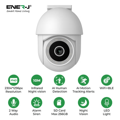 ENERJ Smart WiFi Outdoor Dome IP Camera, 2K 3MP Pan-Tilt Security Camera with Night Vision, Motion Detection, Two-Way Audio, Alexa/Google Home Compatible