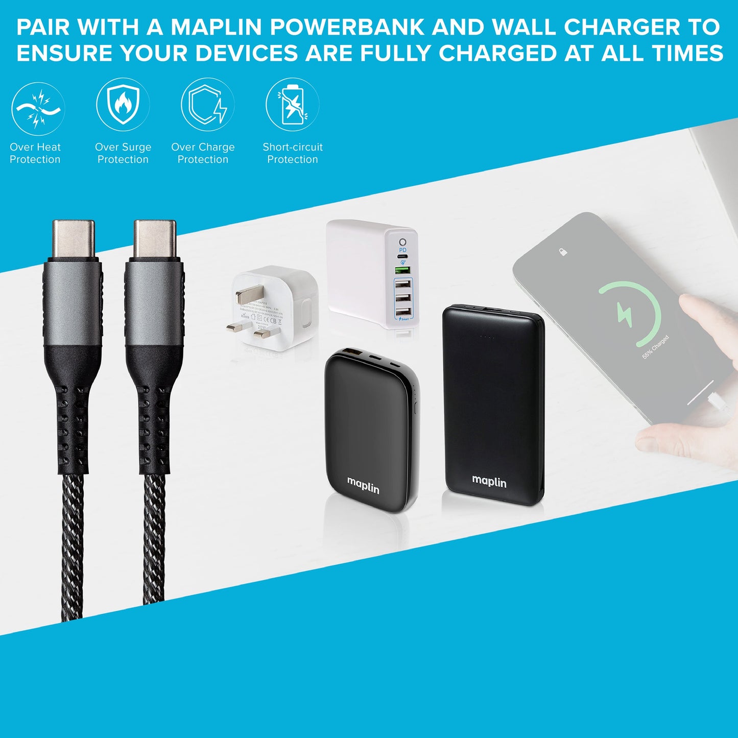 Maplin USB-C to USB-C 60W PD Braided Cable - Silver