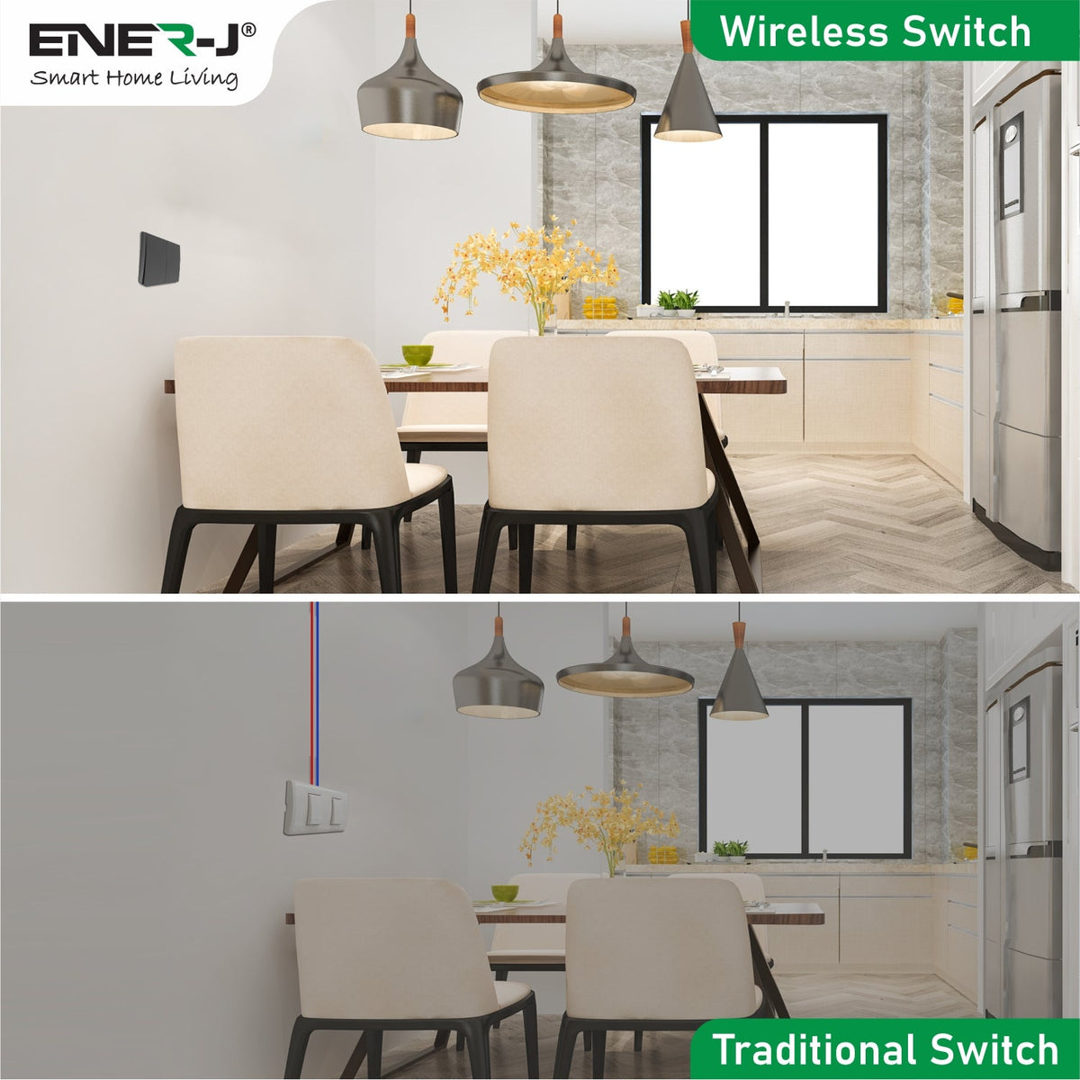 ENER-J 2 Gang Wireless Kinetic Switch, Black + 2 units of 500W RF Receiver
