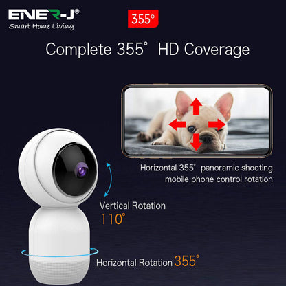 Ener-J Smart WiFi 1080P PTZ Indoor Security Camera, 360 Degree Coverage, Night Vision, Two-Way Audio & Motion Tracking