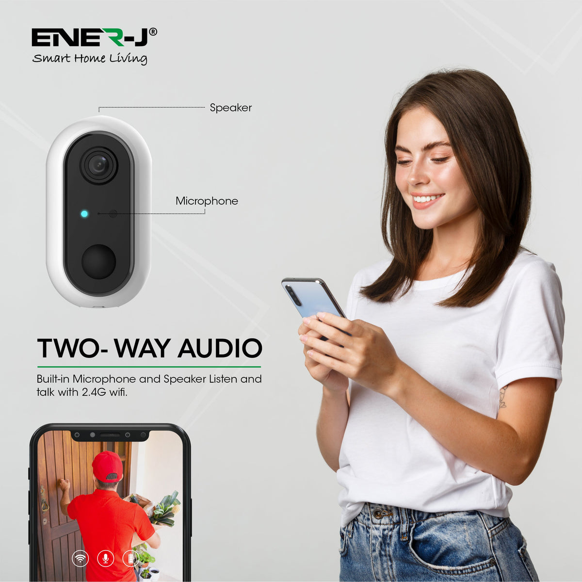 ENER-J Wireless Battery Security Camera – 1080p Smart Home Camera with PIR Motion Detection, No Wiring, No Subscription, Rechargeable Batteries Included (UK)