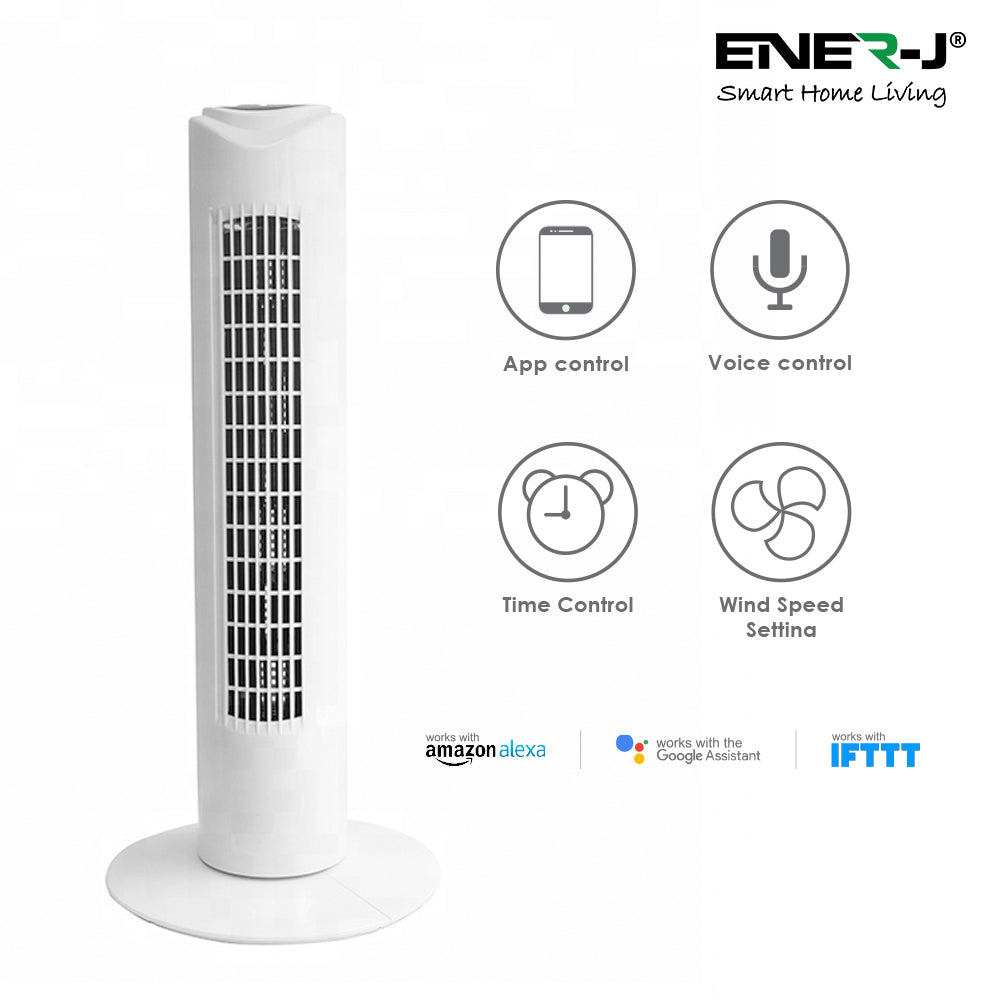 ENER-J 32" Smart Wi-Fi Tower Fan | App & Voice Control Compatible with Alexa & Google Home | White