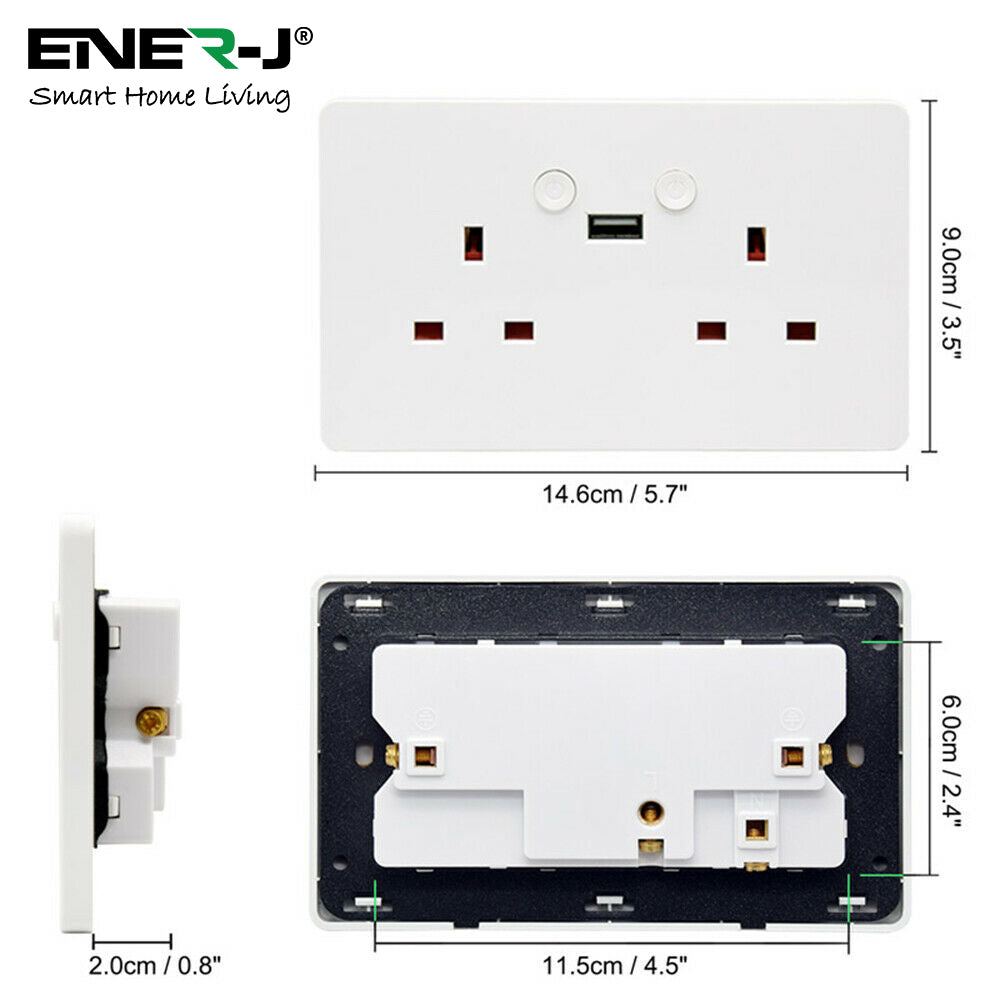 ENER-J Smart Wall Socket – WiFi Double Power Socket with USB & Type-C, Alexa & Google Compatible, 13A UK White