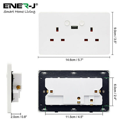 ENER-J Smart Wall Socket – WiFi Double Power Socket with USB & Type-C, Alexa & Google Compatible, 13A UK White