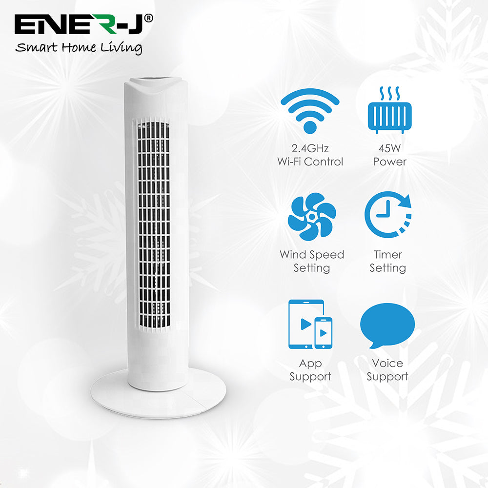ENER-J 32" Smart Wi-Fi Tower Fan | App & Voice Control Compatible with Alexa & Google Home | White