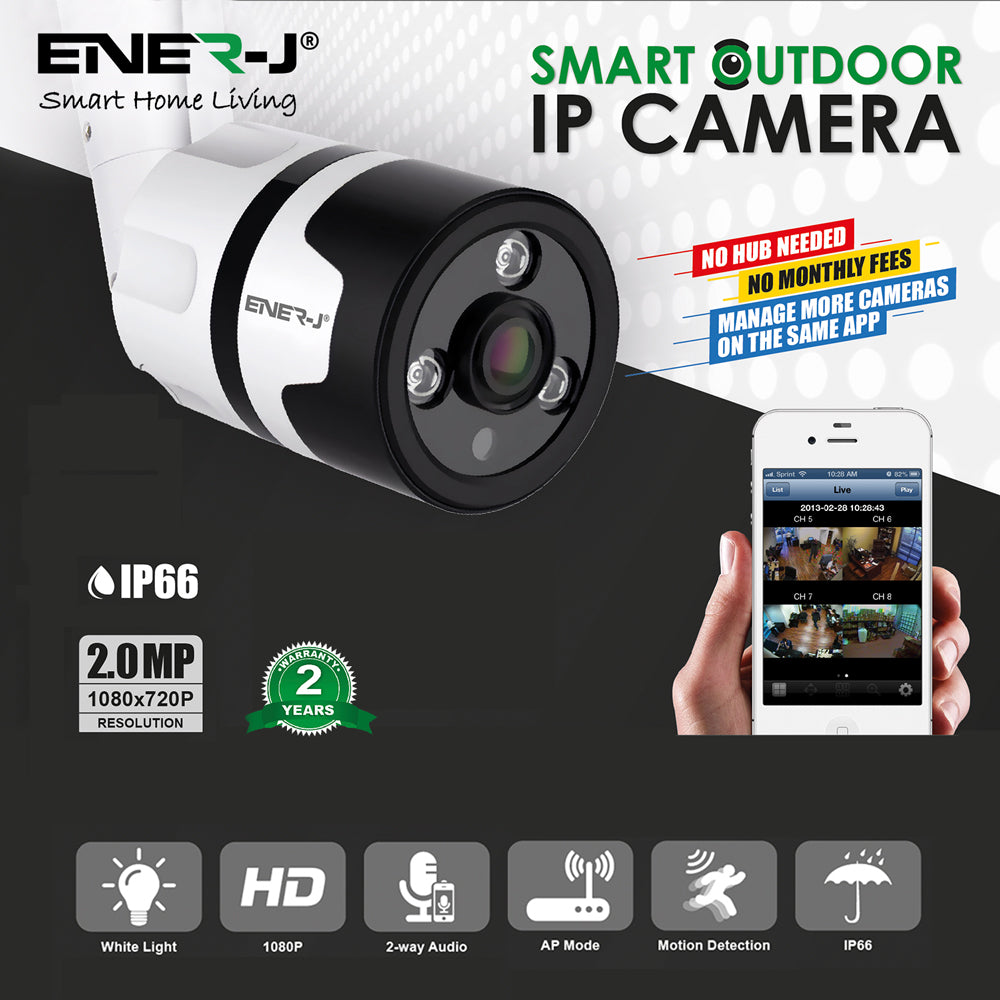 ENER-J 1080P Smart WiFi Outdoor Bullet IP Camera with 25m Night Vision, Motion Detection, Two-Way Audio & IP66 Weatherproof Design, Home Security Surveillance Camera