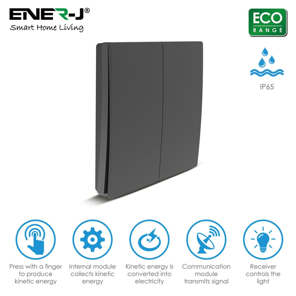ENER-J 2 Gang Wireless Kinetic Switch, Black + 2 units of 500W RF Receiver