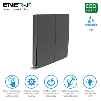 ENER-J 2 Gang Wireless Kinetic Switch, Black + 2 units of 500W RF Receiver
