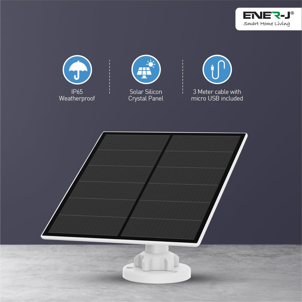 ENER-J 5W Crystal Cell Solar Panel Charger, High-Efficiency IP65 Waterproof Outdoor Power Supply with 3m Cable for ENER-J SHA5344 Wireless Floodlight Camera