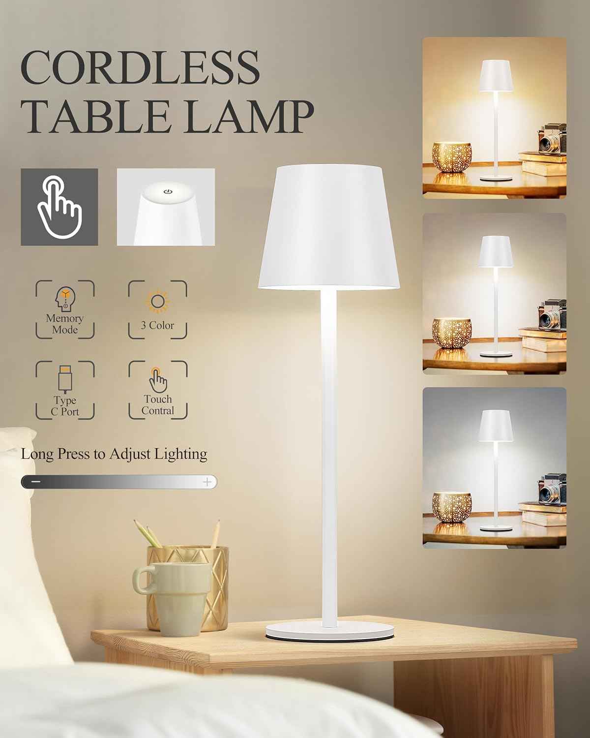 Cordless LED Table Lamp Rechargeable Desk Light IP54 Touch Dimmable White 2 Pack