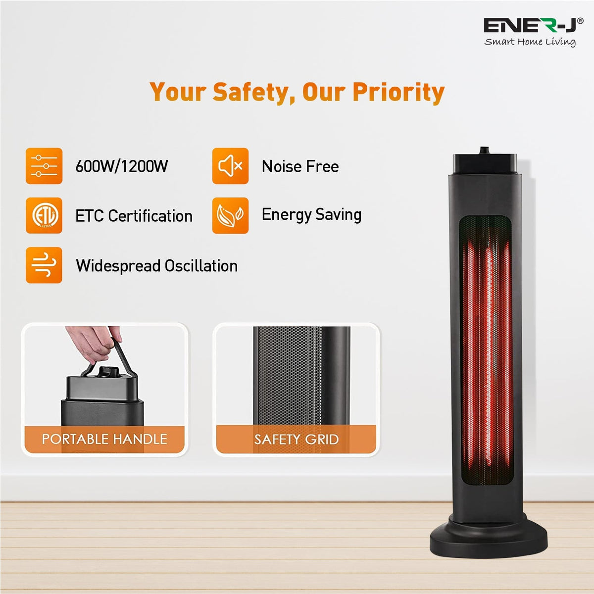 ENER-J 1200W Portable Infrared Heater, Dual 600W/1200W Carbon Tube Space Heater with Oscillation, IP34 Rated, Energy Efficient Electric Heater for Home & Office