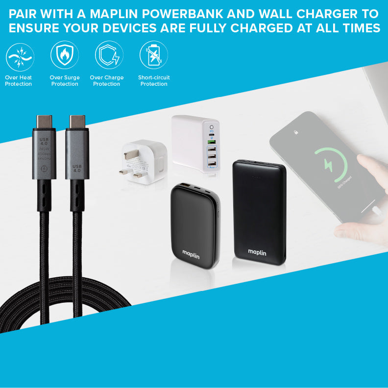 Maplin USB-C to USB-C V4.0 8K 240W PD Braided Cable - Black, 1m