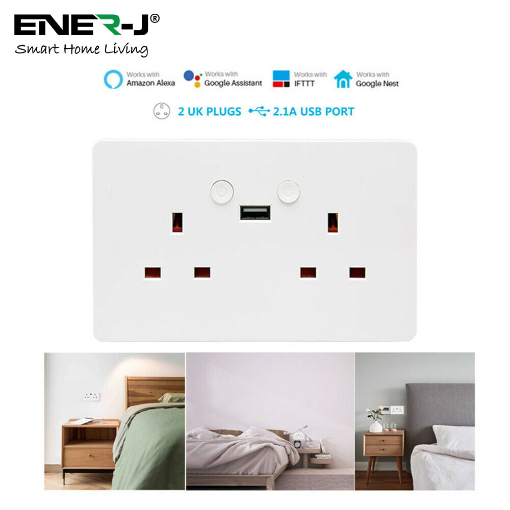 ENER-J Smart Wall Socket – WiFi Double Power Socket with USB & Type-C, Alexa & Google Compatible, 13A UK White