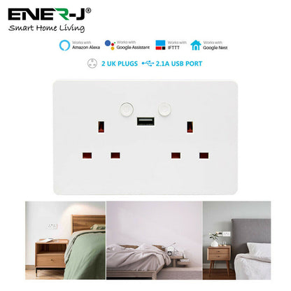 ENER-J Smart Wall Socket – WiFi Double Power Socket with USB & Type-C, Alexa & Google Compatible, 13A UK White
