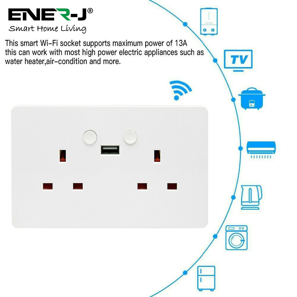 ENER-J Smart Wall Socket – WiFi Double Power Socket with USB & Type-C, Alexa & Google Compatible, 13A UK White