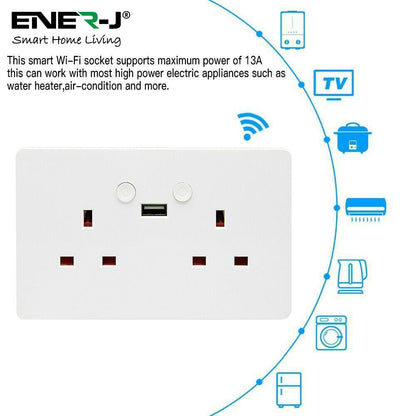 ENER-J Smart Wall Socket – WiFi Double Power Socket with USB & Type-C, Alexa & Google Compatible, 13A UK White