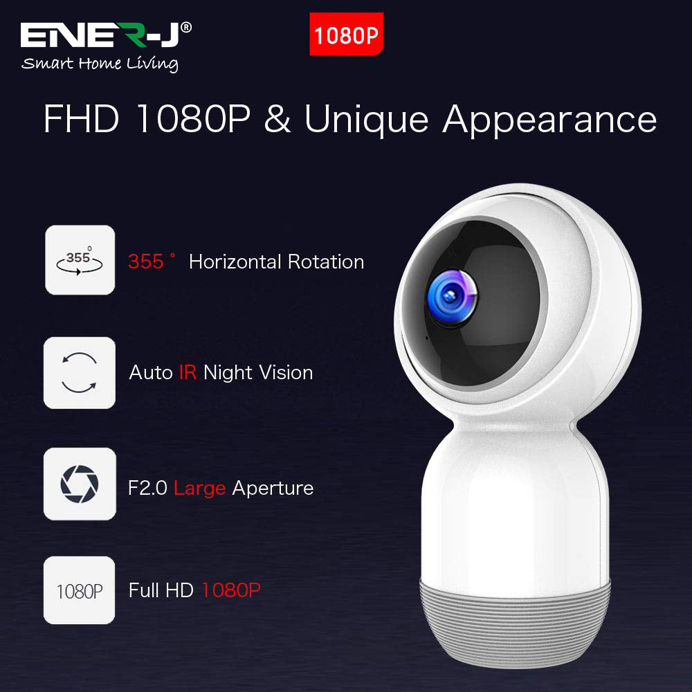 Ener-J Smart WiFi 1080P PTZ Indoor Security Camera, 360 Degree Coverage, Night Vision, Two-Way Audio & Motion Tracking