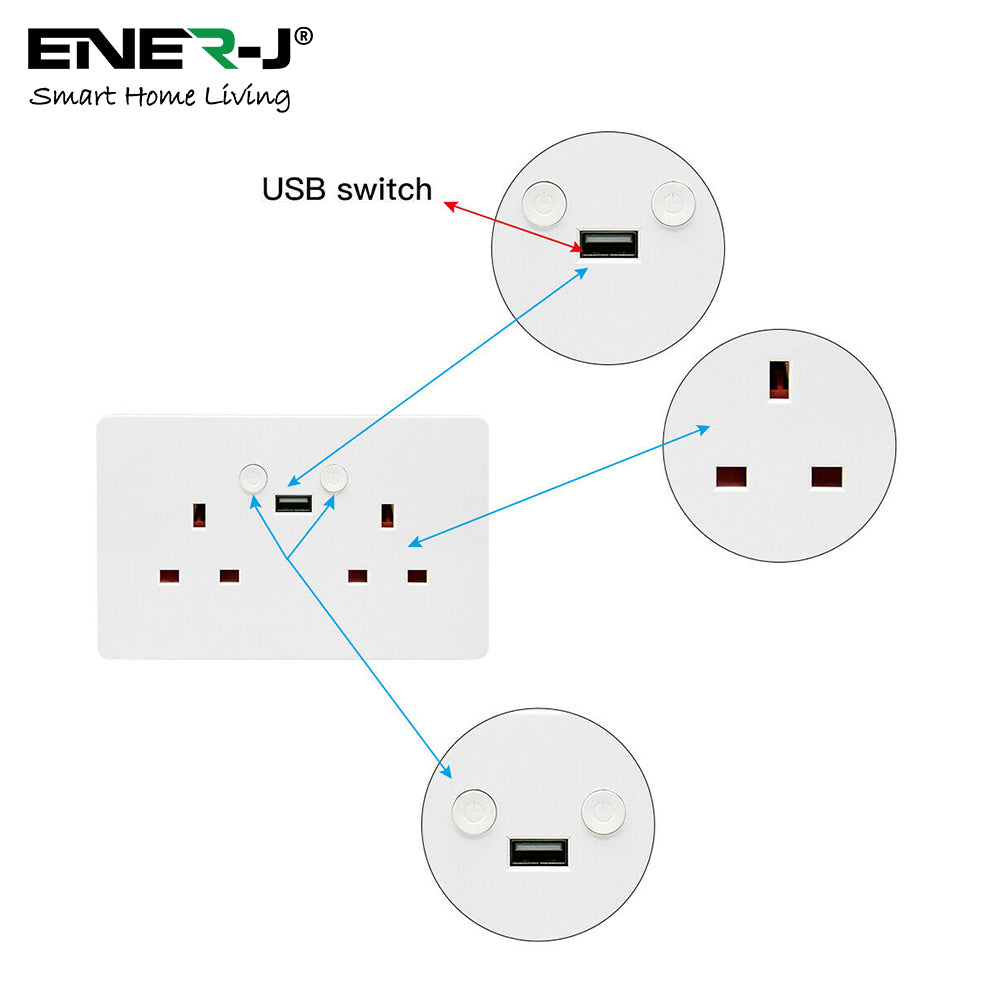 ENER-J Smart Wall Socket – WiFi Double Power Socket with USB & Type-C, Alexa & Google Compatible, 13A UK White
