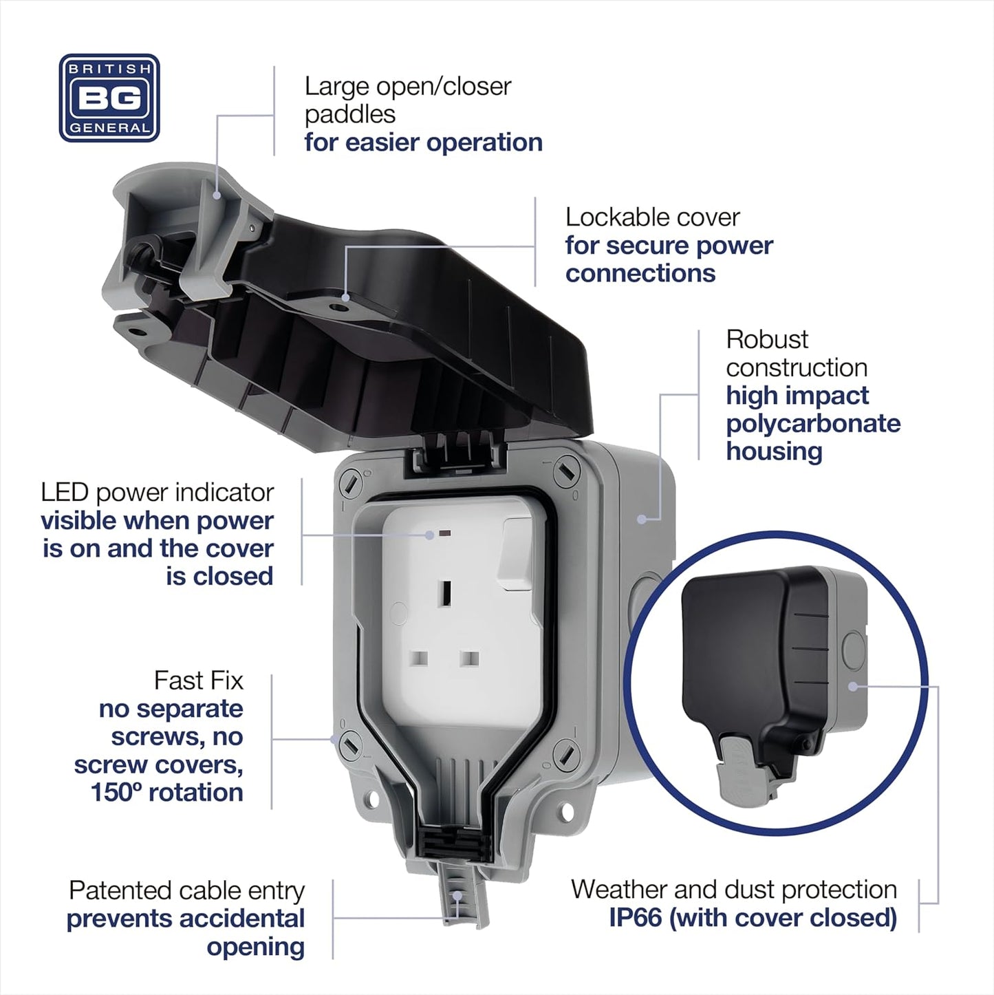 British General BG Electrical Single Weatherproof Outdoor Switched Power Socket, IP66 Rated, 13 Amp, Grey