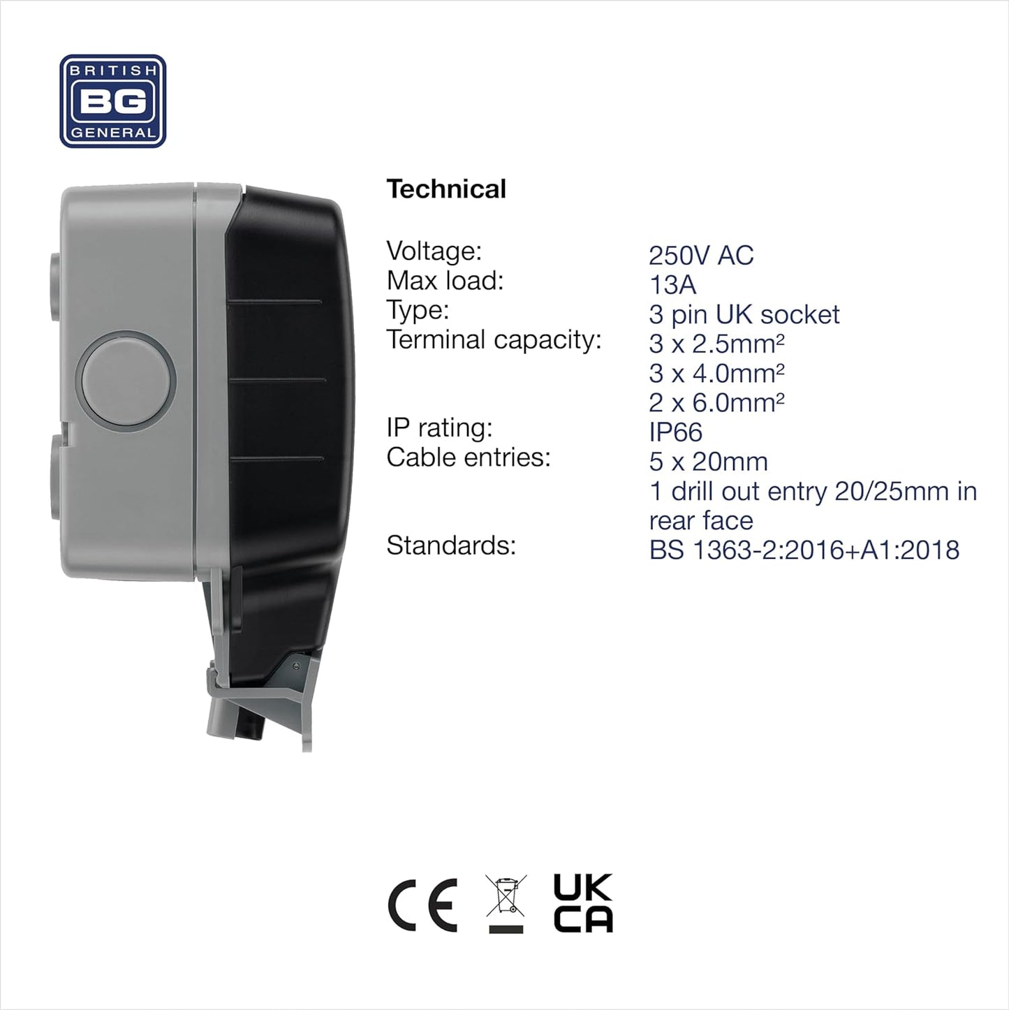 British General BG Electrical Single Weatherproof Outdoor Switched Power Socket, IP66 Rated, 13 Amp, Grey