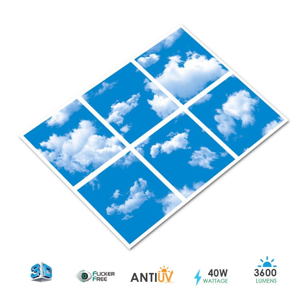 ENER-J 6-Pack 3D Sky Cloud LED Panels 60x60cm | 40W 6000K Daylight | Ceiling Grid Light