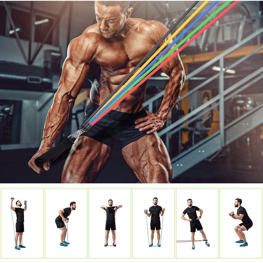 Set of 11 Home Exercise Resistance Band With Foam Handles, Ankle Straps & Door Anchor Attachment