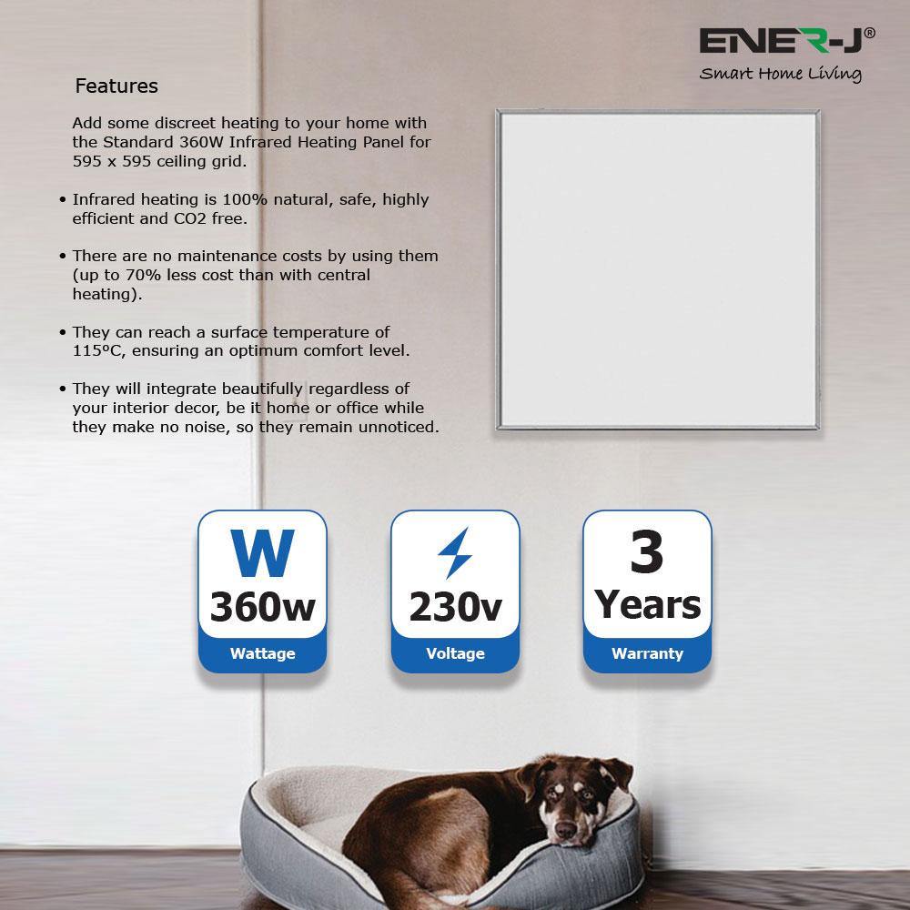 Ener-J 360W Infrared Panel Heater, 595  x 595mm Far Infrared Wall or Ceiling Mount, White