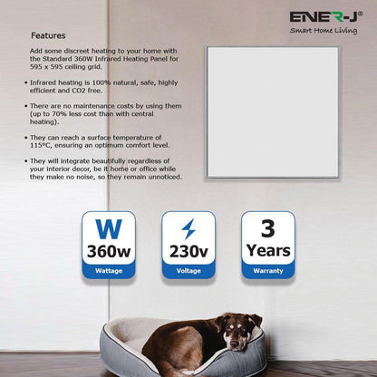 Ener-J 360W Infrared Panel Heater, 595  x 595mm Far Infrared Wall or Ceiling Mount, White