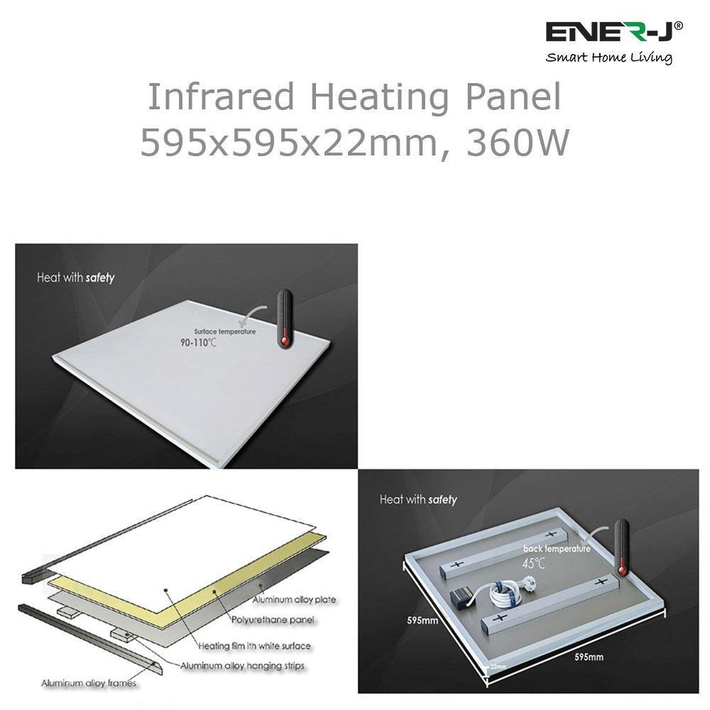 Ener-J 360W Infrared Panel Heater, 595  x 595mm Far Infrared Wall or Ceiling Mount, White
