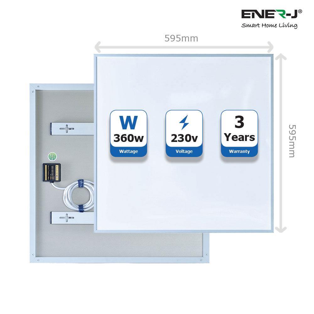 Ener-J 360W Infrared Panel Heater, 595  x 595mm Far Infrared Wall or Ceiling Mount, White