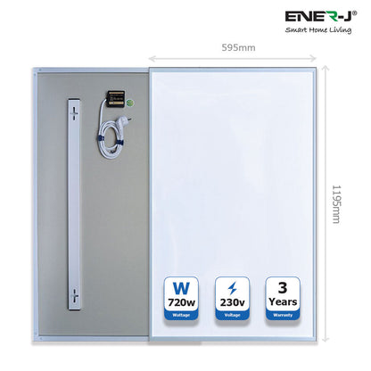 ENER-J 720W Infrared Heating Panel with WiFi Thermostat, 120x60cm Wall or Ceiling Mount, Energy Efficient Carbon Crystal Electric Heater, IP24 Rated Smart Infrared Panel for Home & Office