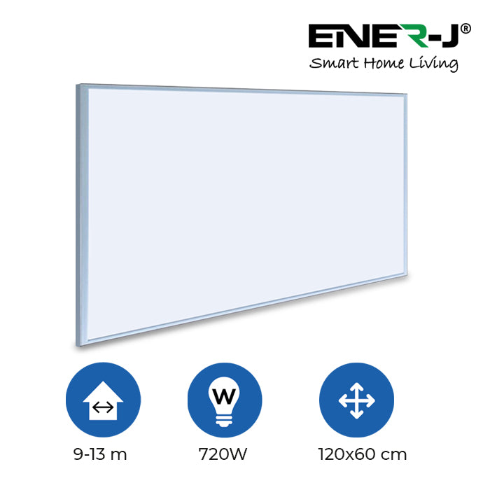 ENER-J 720W Infrared Heating Panel, 120x60cm Wall or Ceiling Mount, Energy Efficient Carbon Crystal Heater, IP24 Rated Electric Infrared Heater for Home & Office