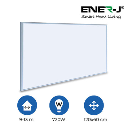 ENER-J 720W Infrared Heating Panel, 120x60cm Wall or Ceiling Mount, Energy Efficient Carbon Crystal Heater, IP24 Rated Electric Infrared Heater for Home & Office